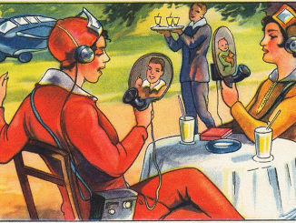 Vintage drawing featuring video calling type experience