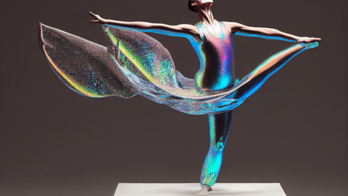 Iridescent glass sculpture of a dancer