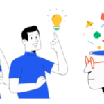 Cartoon of two mean - one is pointing at a lit lightbulb, and another cartoon of a head opening to reveal brightly coloured shapes