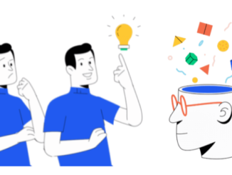 Cartoon of two mean - one is pointing at a lit lightbulb, and another cartoon of a head opening to reveal brightly coloured shapes