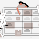 Cartoon of woman interacting with a giant table of info