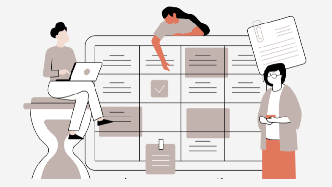 Cartoon of woman interacting with a giant table of info