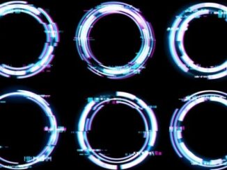 Six glitchy looking circles of neon light
