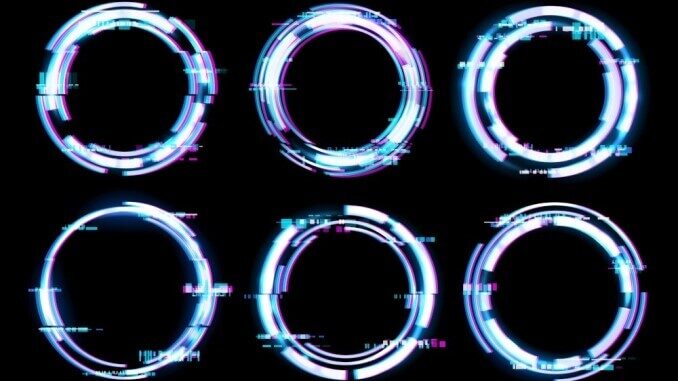 Six glitchy looking circles of neon light