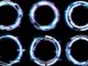 Six glitchy looking circles of neon light