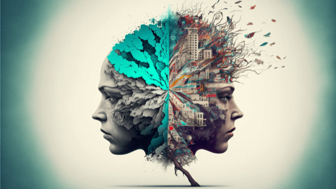 Two female heads facing away from each other with differing colours and images representing neurodivergence