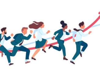 Cartoon of people running alongside some upward pointing arrows - representing progress