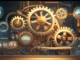 A fantastic contraption makde of cogs and levers, sitting on a table