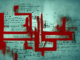 Asemic writing and abstract marks on a teal background