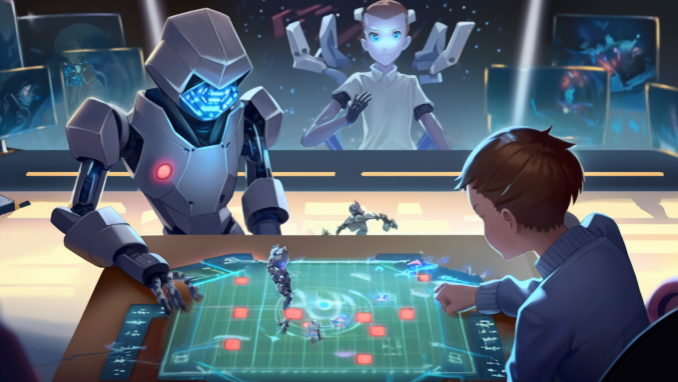 A Robot playing a boardgame with a student - manga style