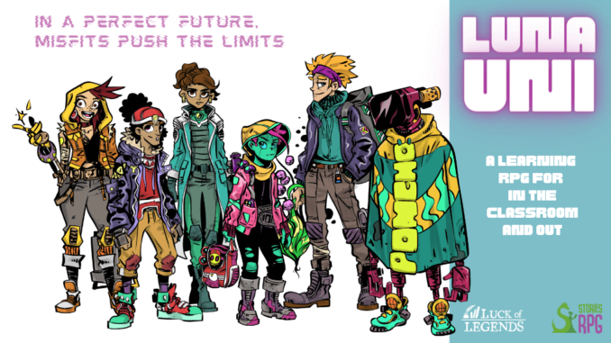 Banner for Luna Uni - cartoon style sci-fi illustration of young people on a moonbase
