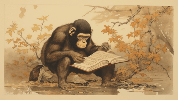 Chimpanzee reading a book