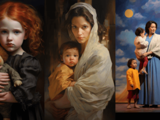 A three panel picture - a child roleplaying a other, a mother and child and an actor playing a mother in a play