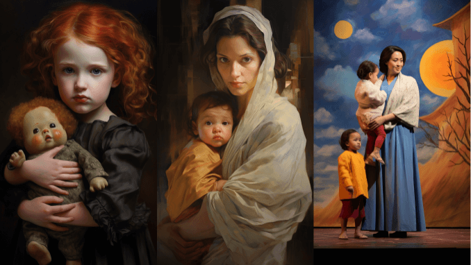 A three panel picture - a child roleplaying a other, a mother and child and an actor playing a mother in a play