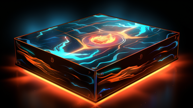 A board game box glowing with power