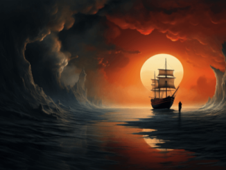 A dreamy image of an old-fashioned masted ship in front of a sunset -to represent the idea of a journey