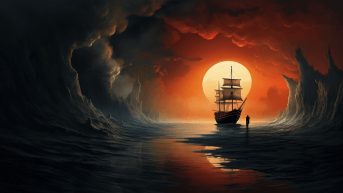 A dreamy image of an old-fashioned masted ship in front of a sunset -to represent the idea of a journey