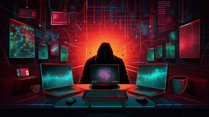 Shadowy figure with screens - ransomware attack