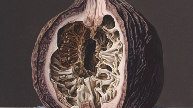 Weird fruit a cross between a fig and an avocado with unpleasant looking skeletal internal structure