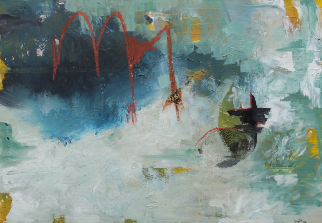 An abstract painting of misty blues and neutrals with a bold orange shape representing the flight path of a kingfisher