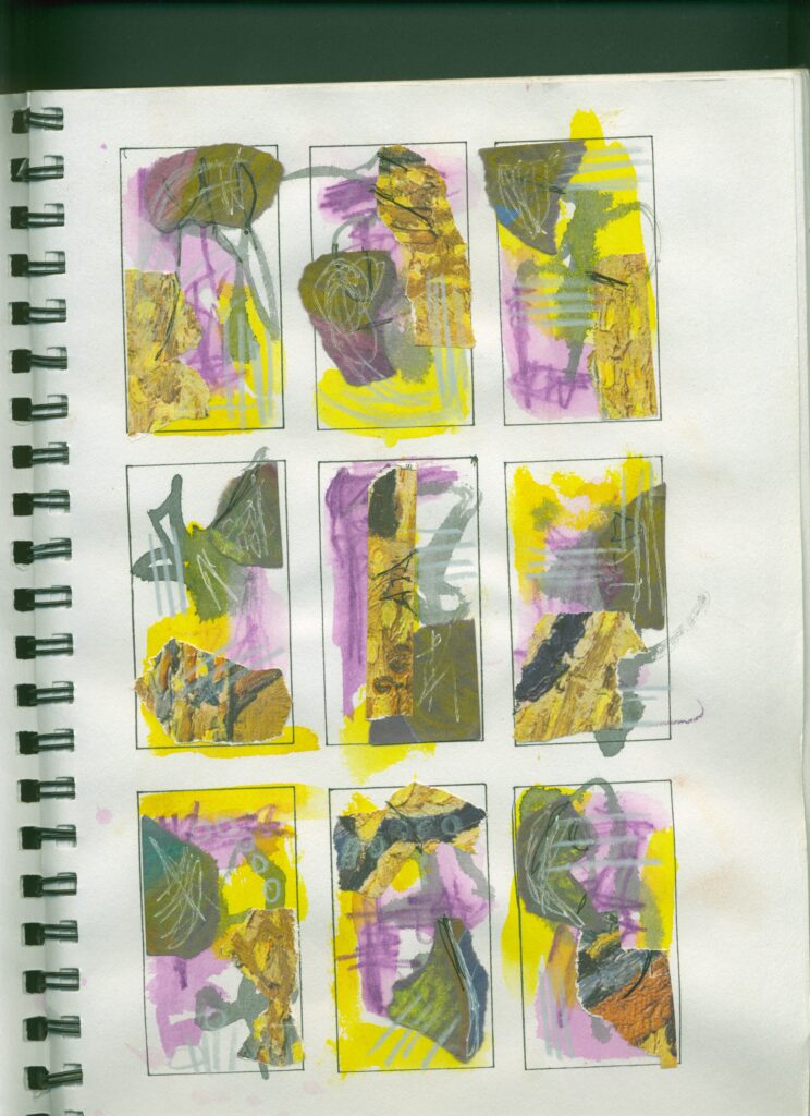 Sketchbook study, grid drawing with yellow and violet palette and collage pieces.