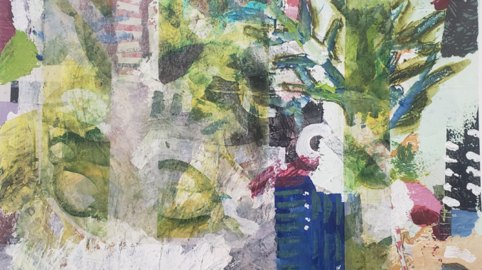 To Holkham and Back - complex abstract painting in shades of green blue and subtle neutrals