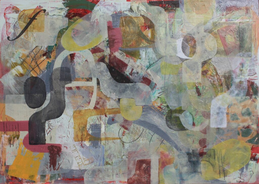 Complex, deeply layered abstract painting